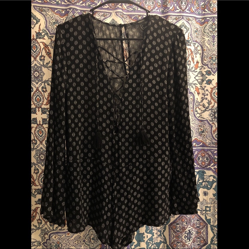 Bell Sleeve Black and White Lace Tie Up Romper